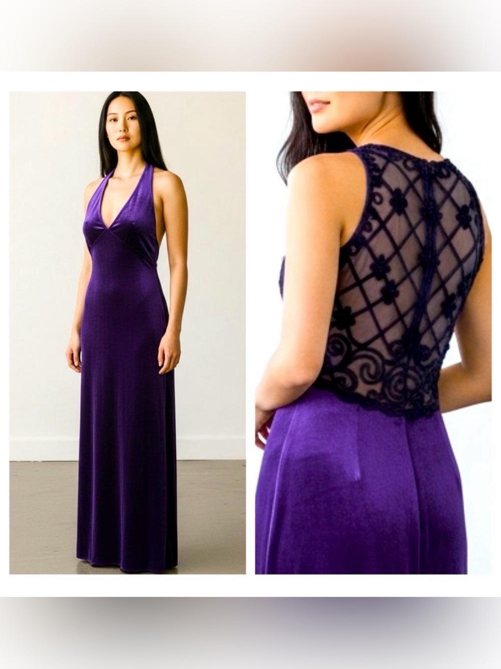 Vintage Jessica McClintock Gunne Sax purple velvet maxi dress open mesh back 7/8